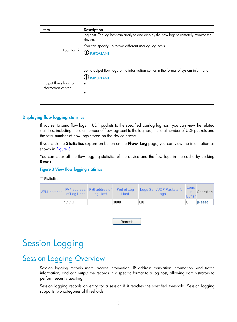 Displaying flow logging statistics, Session logging, Session logging overview | H3C Technologies H3C SecPath F1000-E User Manual | Page 928 / 938