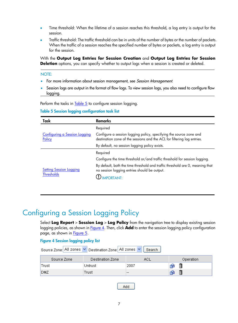 Configuring a session logging policy | H3C Technologies H3C SecPath F1000-E User Manual | Page 929 / 938