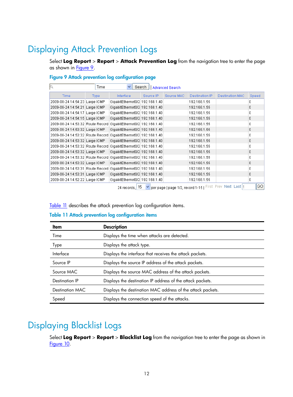 Displaying attack prevention logs, Displaying blacklist logs | H3C Technologies H3C SecPath F1000-E User Manual | Page 934 / 938