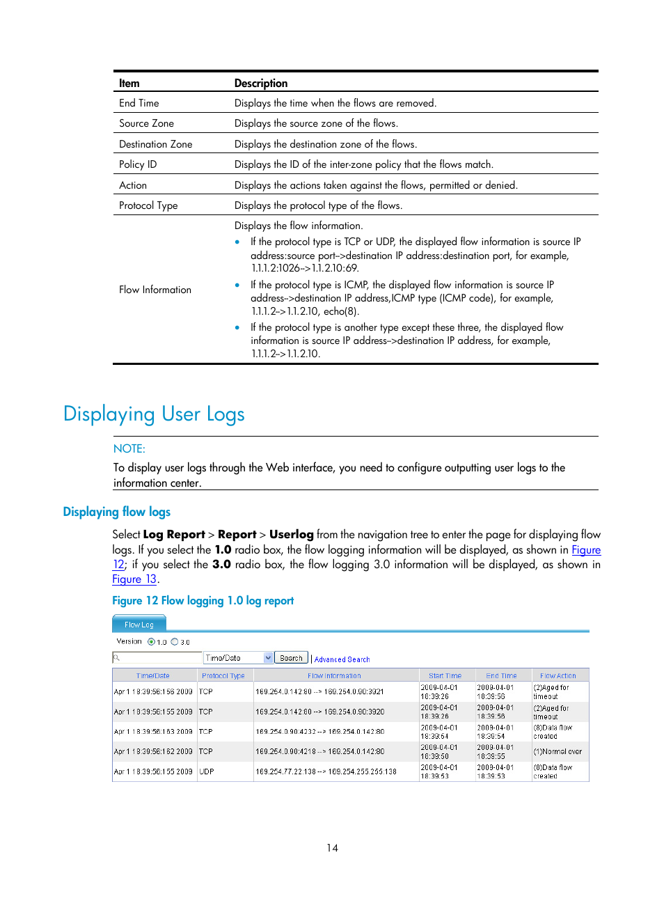 Displaying user logs, Displaying flow logs | H3C Technologies H3C SecPath F1000-E User Manual | Page 936 / 938