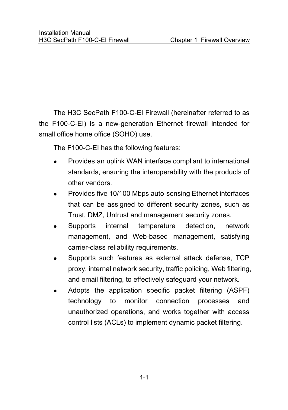 Chapter 1 firewall overview, 1 brief introduction, Chapter 1 firewall overview -1 | 1 brief introduction -1 | H3C Technologies H3C SecPath F100-C-EI User Manual | Page 13 / 79