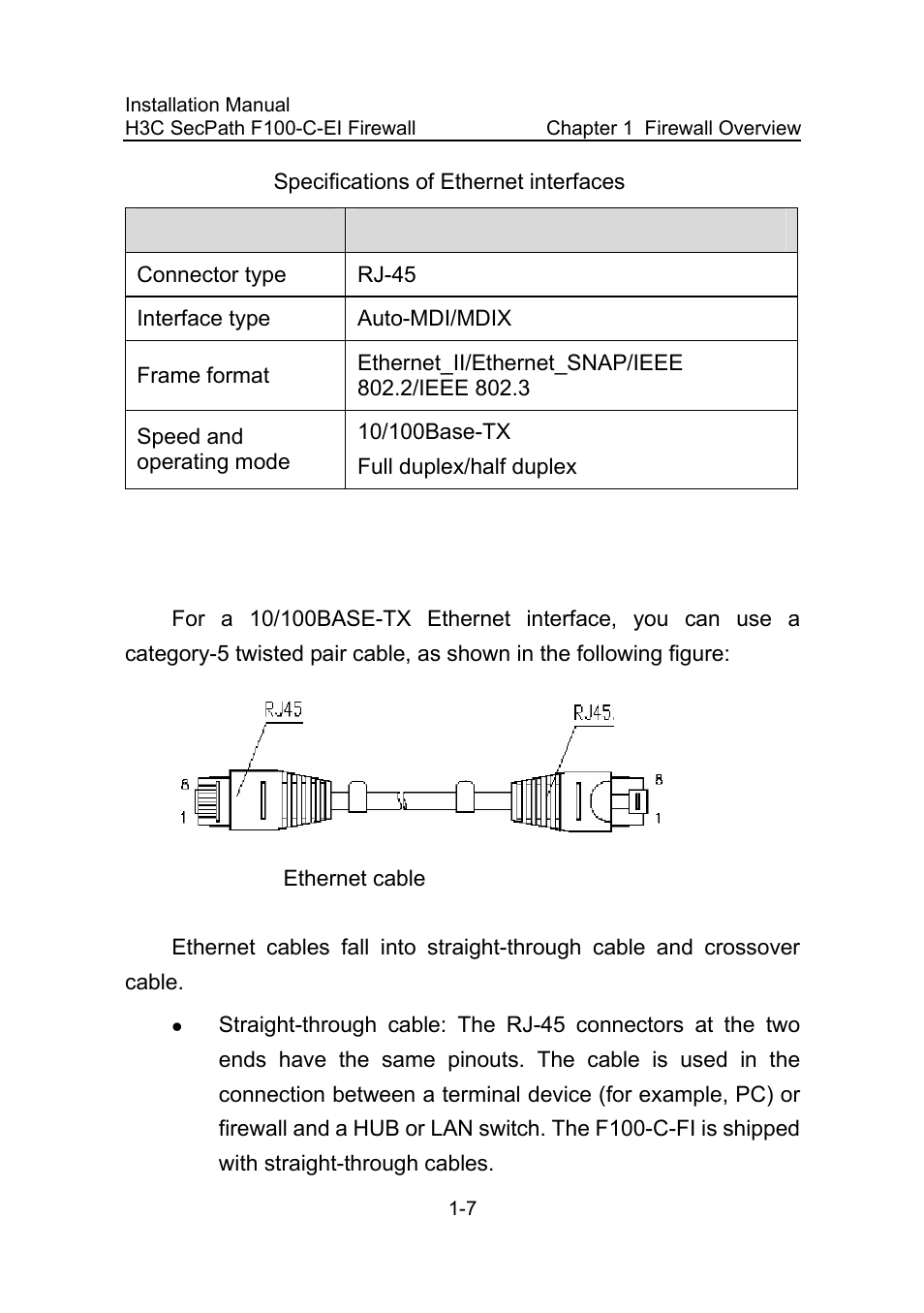 Ii. ethernet cable, Figure 1-4, Ethernet cable -7 | Table 1-4, Specifications of ethernet interfaces -7 | H3C Technologies H3C SecPath F100-C-EI User Manual | Page 19 / 79