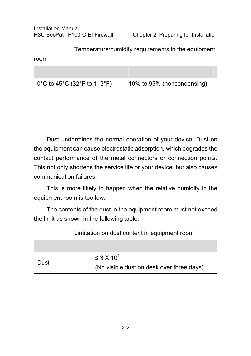 2 cleanness requirements, I. dust prevention requirements, 2 cleanness requirements -2 | Table 2-1, Temperature/humidity requirements in the equipment, Room -2, Table 2-2, Limitation on dust content in equipment room -2 | H3C Technologies H3C SecPath F100-C-EI User Manual | Page 22 / 79