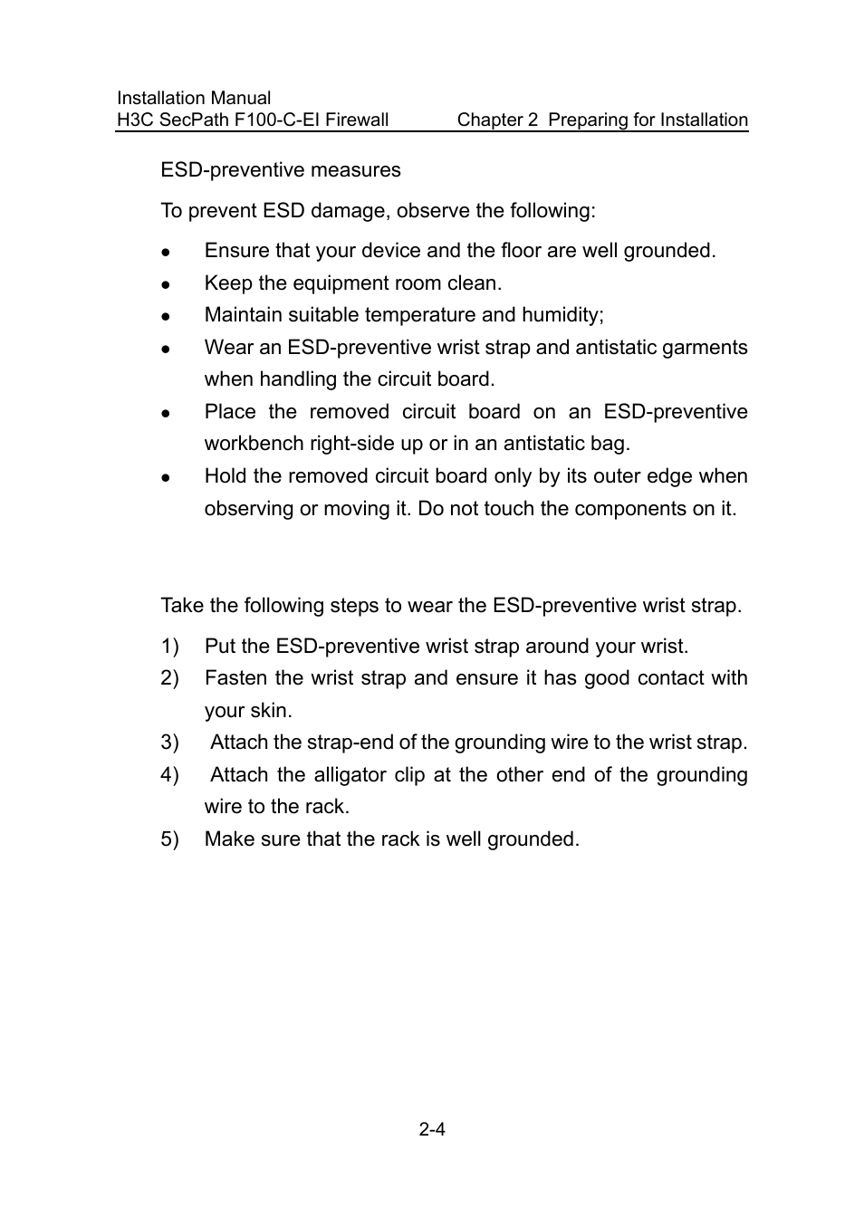 Ii. wear an esd-preventive wrist strap | H3C Technologies H3C SecPath F100-C-EI User Manual | Page 24 / 79