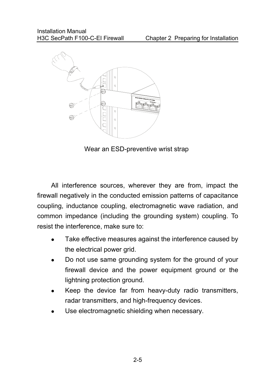 4 electromagnetic environment requirements, 4 electromagnetic environment requirements -5, Figure 2-1 | Wear an esd-preventive wrist strap -5 | H3C Technologies H3C SecPath F100-C-EI User Manual | Page 25 / 79
