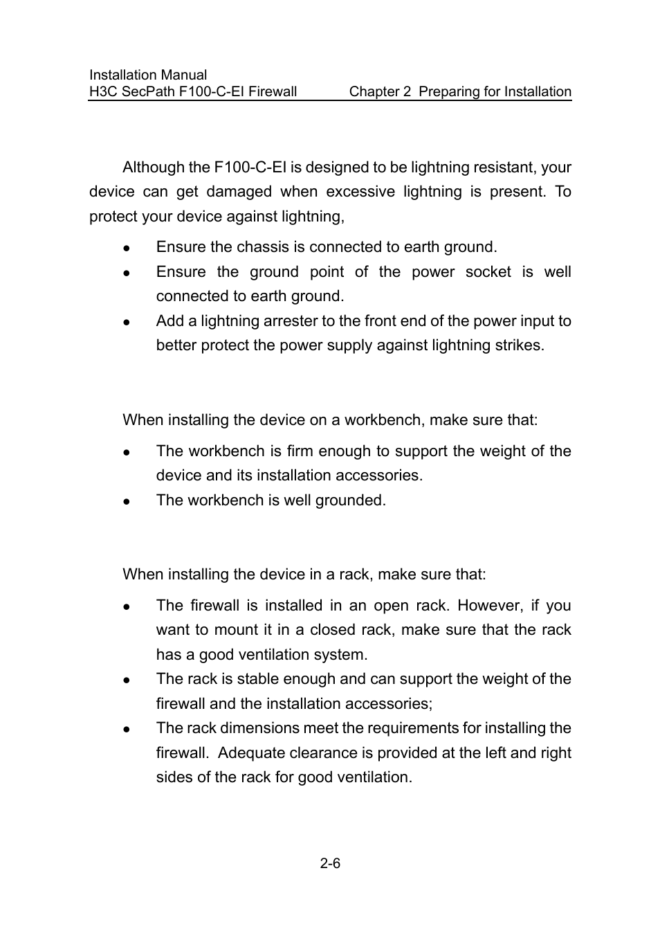 5 lightning protection requirements, 6 checking the workbench, 7 rack-mounting requirements | 5 lightning protection requirements -6, 6 checking the workbench -6, 7 rack-mounting requirements -6, Ensure the chassis is connected to earth ground, The workbench is well grounded | H3C Technologies H3C SecPath F100-C-EI User Manual | Page 26 / 79