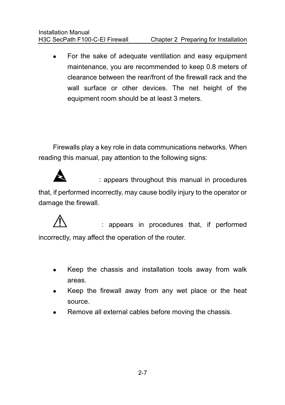 2 safety precautions, 1 safety signs, 2 general safety recommendations | 2 safety precautions -7, 1 safety signs -7, 2 general safety recommendations -7 | H3C Technologies H3C SecPath F100-C-EI User Manual | Page 27 / 79