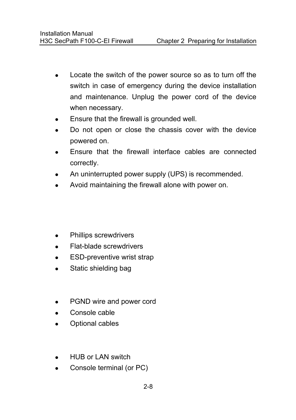 3 safety recommendations against electricity, 3 tools, meters, and instruments, I. tools | Ii. cables, Iii. meters and instruments, 3 safety recommendations against electricity -8, 3 tools, meters, and instruments -8, Ensure that the firewall is grounded well, An uninterrupted power supply (ups) is recommended, Avoid maintaining the firewall alone with power on | H3C Technologies H3C SecPath F100-C-EI User Manual | Page 28 / 79