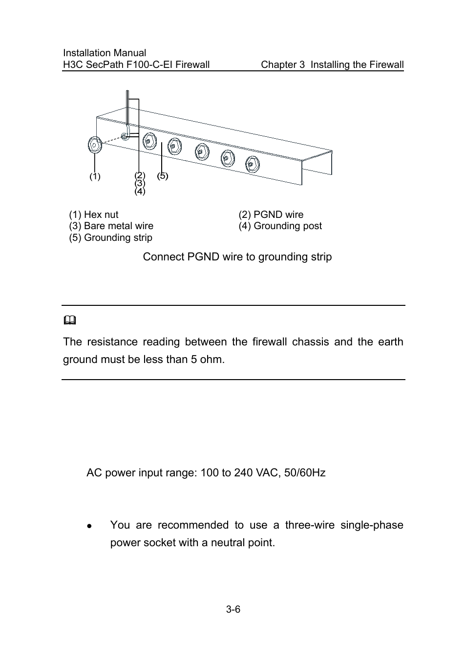 4 connecting the power cord, I. ac power supply, Ii. ac power source socket | 4 connecting the power cord -6, Figure 3-6, Connect pgnd wire to grounding strip -6 | H3C Technologies H3C SecPath F100-C-EI User Manual | Page 35 / 79