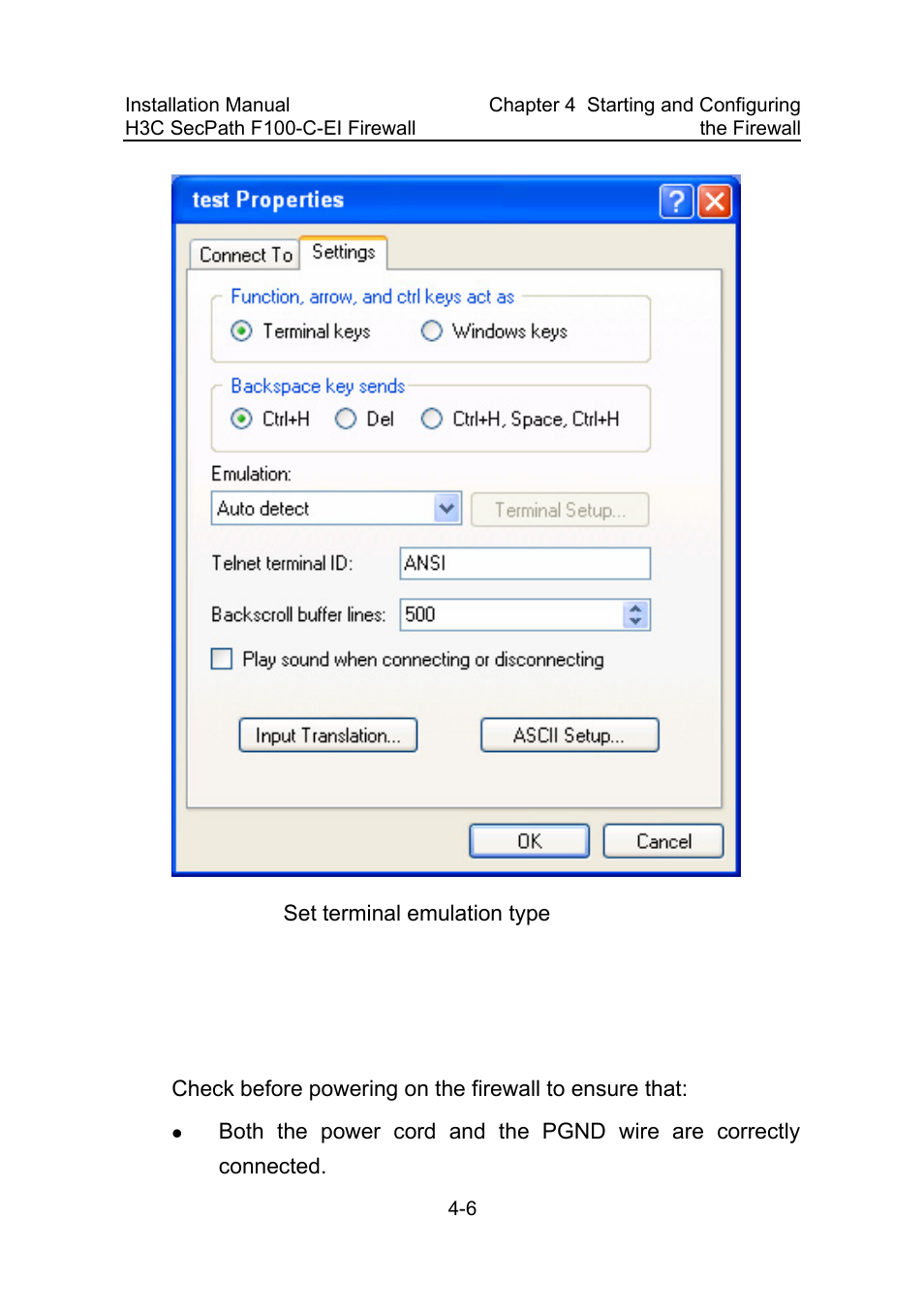 2 powering on the firewall, 1 checking before power-on, 2 powering on the firewall -6 | 1 checking before power-on -6, Figure 4-5, Set terminal emulation type -6 | H3C Technologies H3C SecPath F100-C-EI User Manual | Page 45 / 79