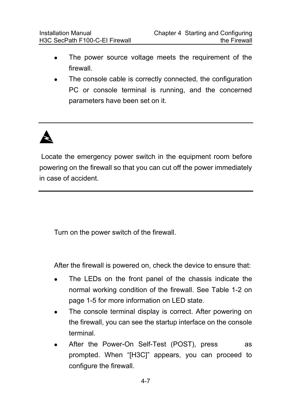 2 powering on the firewall, 3 checking the firewall, 2 powering on the firewall -7 | 3 checking the firewall -7 | H3C Technologies H3C SecPath F100-C-EI User Manual | Page 46 / 79