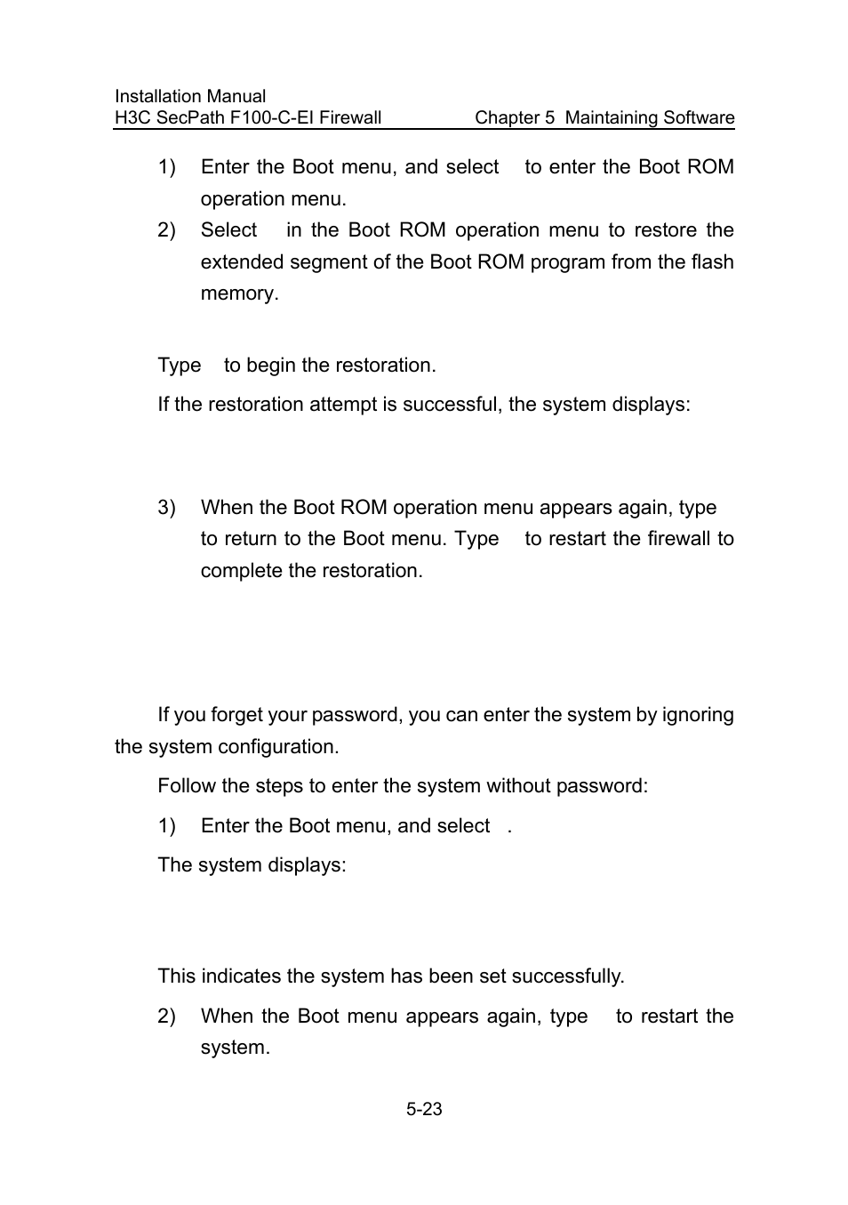 7 recovering/changing password, 1 recovering/changing user password, 7 recovering/changing password -23 | 1 recovering/changing user password -23 | H3C Technologies H3C SecPath F100-C-EI User Manual | Page 73 / 79
