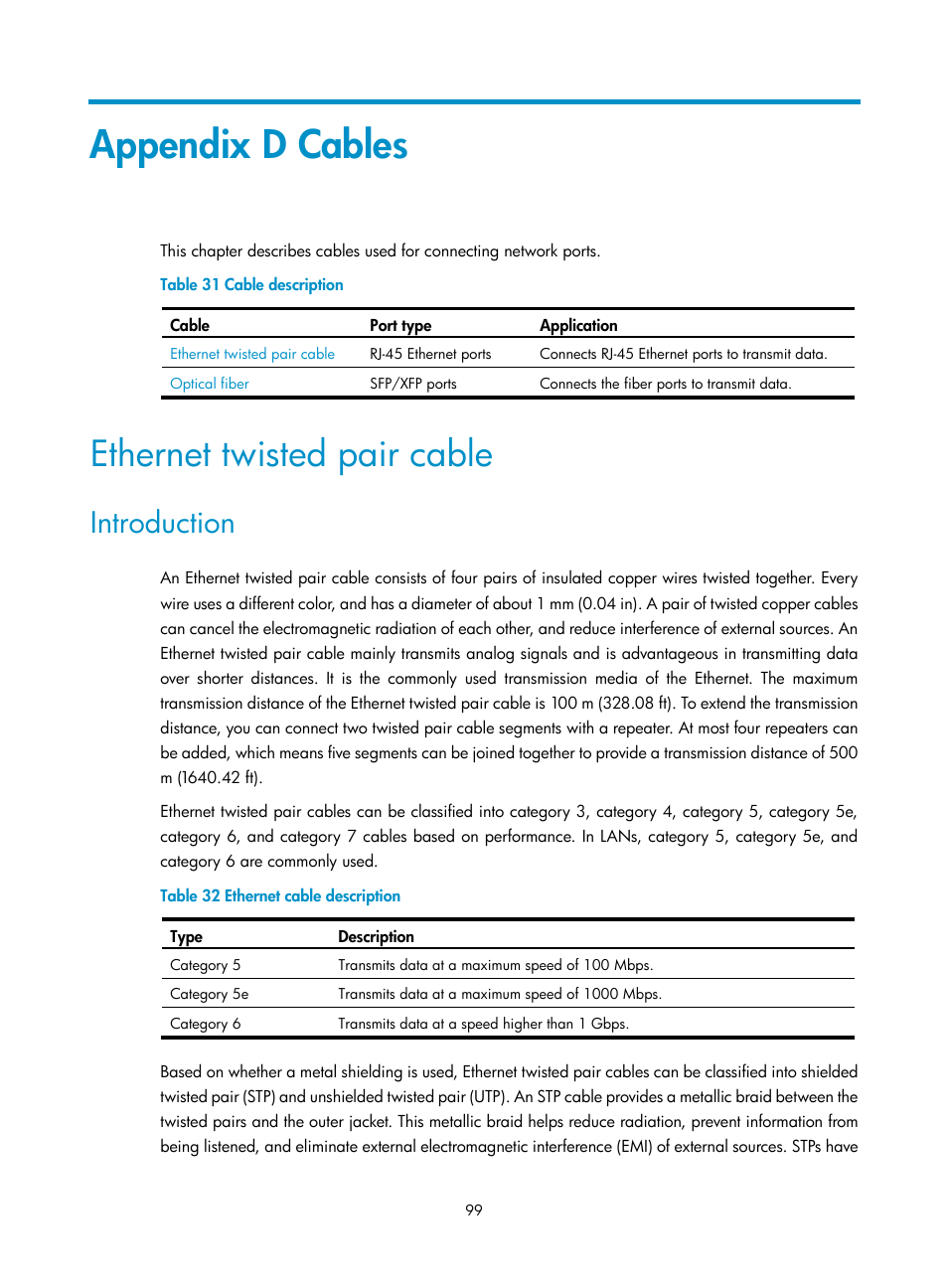 Appendix d cables, Ethernet twisted pair cable, Introduction | H3C Technologies H3C SecPath F5000-A5 Firewall User Manual | Page 109 / 121