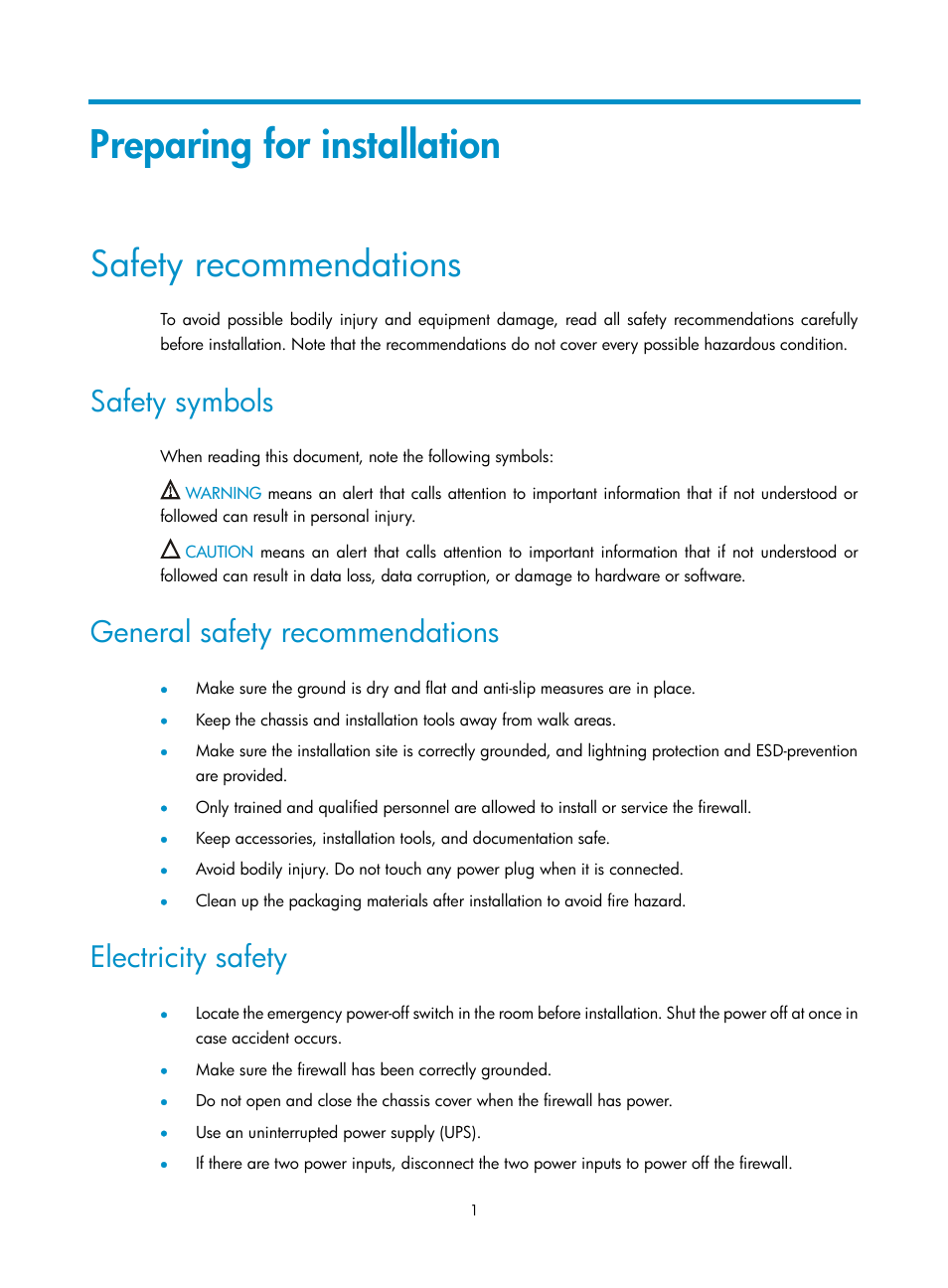 Preparing for installation, Safety recommendations, Safety symbols | General safety recommendations, Electricity safety | H3C Technologies H3C SecPath F5000-A5 Firewall User Manual | Page 11 / 121