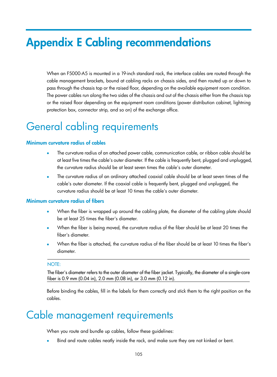 Appendix e cabling recommendations, General cabling requirements, Minimum curvature radius of cables | Minimum curvature radius of fibers, Cable management requirements | H3C Technologies H3C SecPath F5000-A5 Firewall User Manual | Page 115 / 121