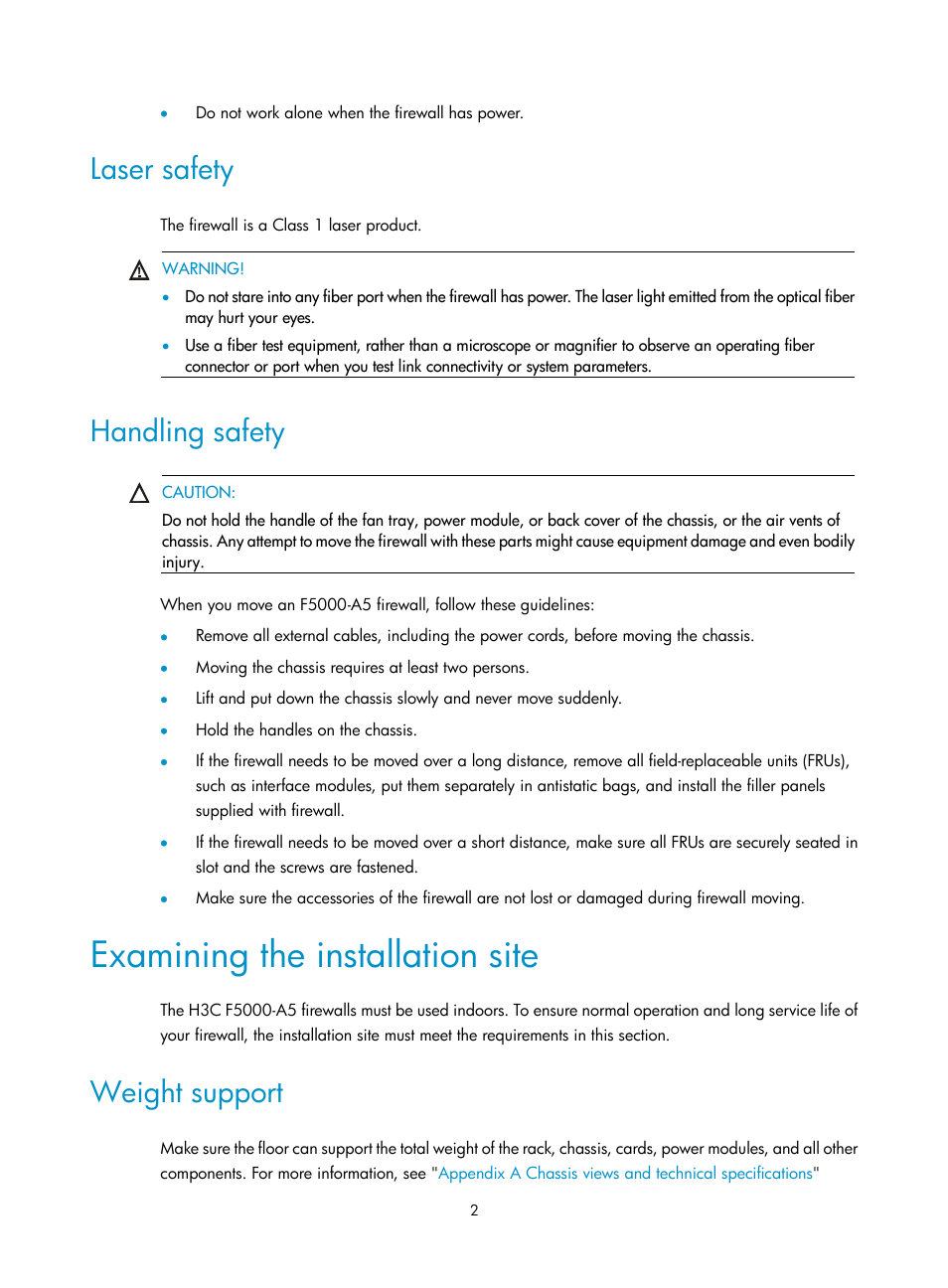 Laser safety, Handling safety, Examining the installation site | Weight support | H3C Technologies H3C SecPath F5000-A5 Firewall User Manual | Page 12 / 121