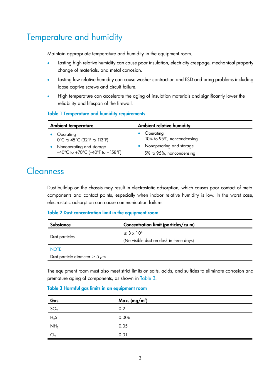 Temperature and humidity, Cleanness | H3C Technologies H3C SecPath F5000-A5 Firewall User Manual | Page 13 / 121