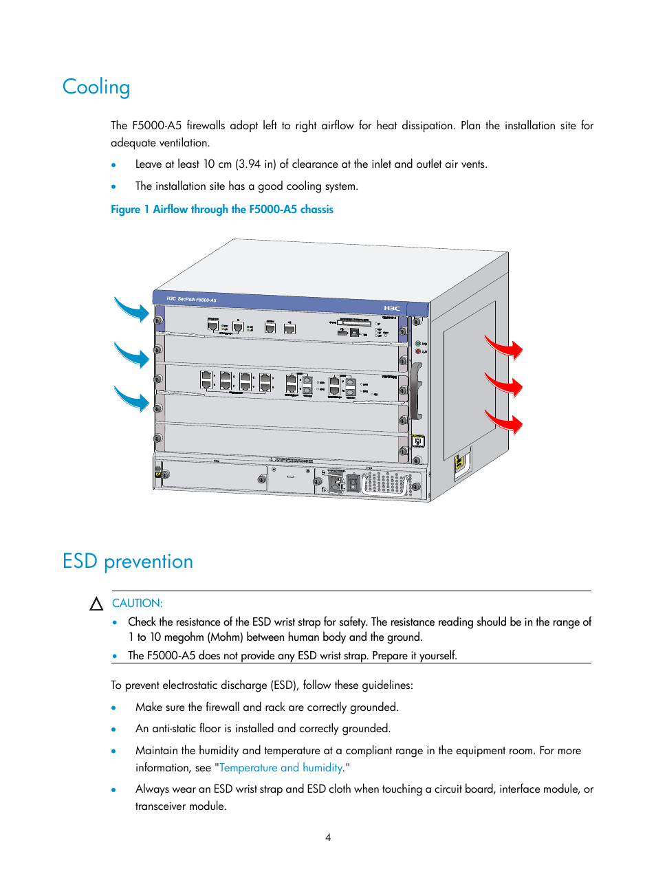 Cooling, Esd prevention | H3C Technologies H3C SecPath F5000-A5 Firewall User Manual | Page 14 / 121