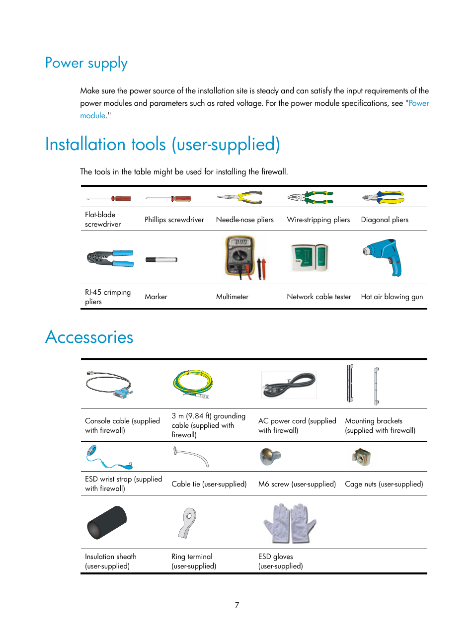 Power supply, Installation tools (user-supplied), Accessories | H3C Technologies H3C SecPath F5000-A5 Firewall User Manual | Page 17 / 121