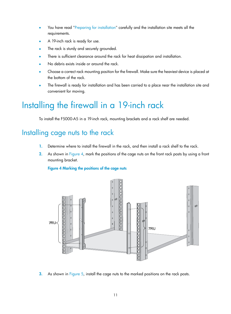 Installing the firewall in a 19-inch rack, Installing cage nuts to the rack | H3C Technologies H3C SecPath F5000-A5 Firewall User Manual | Page 21 / 121