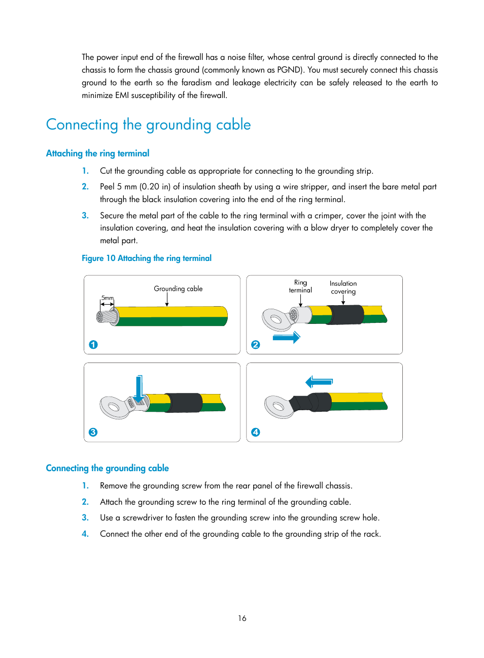 Connecting the grounding cable, Attaching the ring terminal | H3C Technologies H3C SecPath F5000-A5 Firewall User Manual | Page 26 / 121