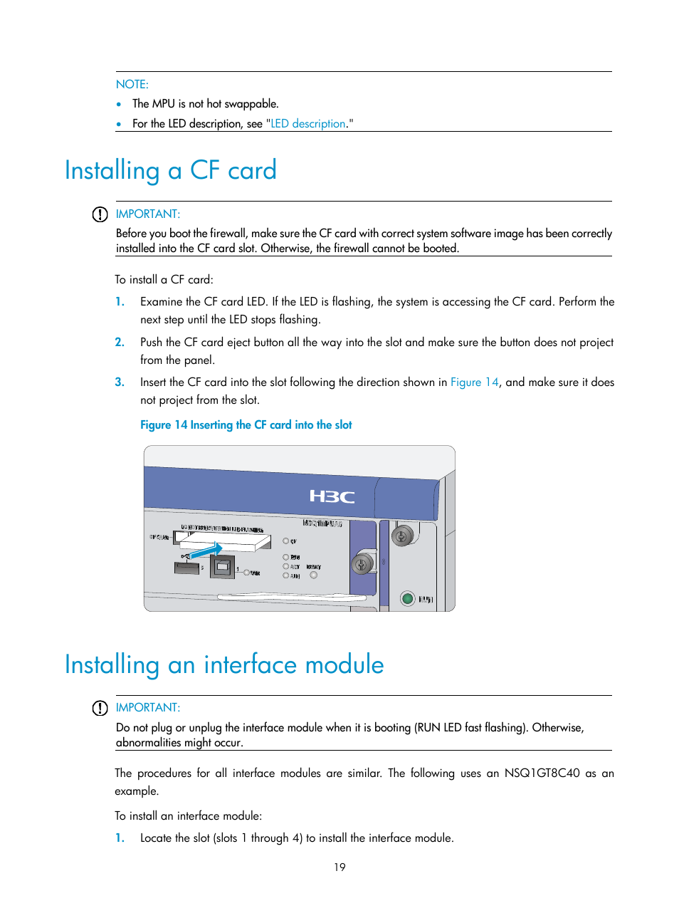 Installing a cf card, Installing an interface module | H3C Technologies H3C SecPath F5000-A5 Firewall User Manual | Page 29 / 121