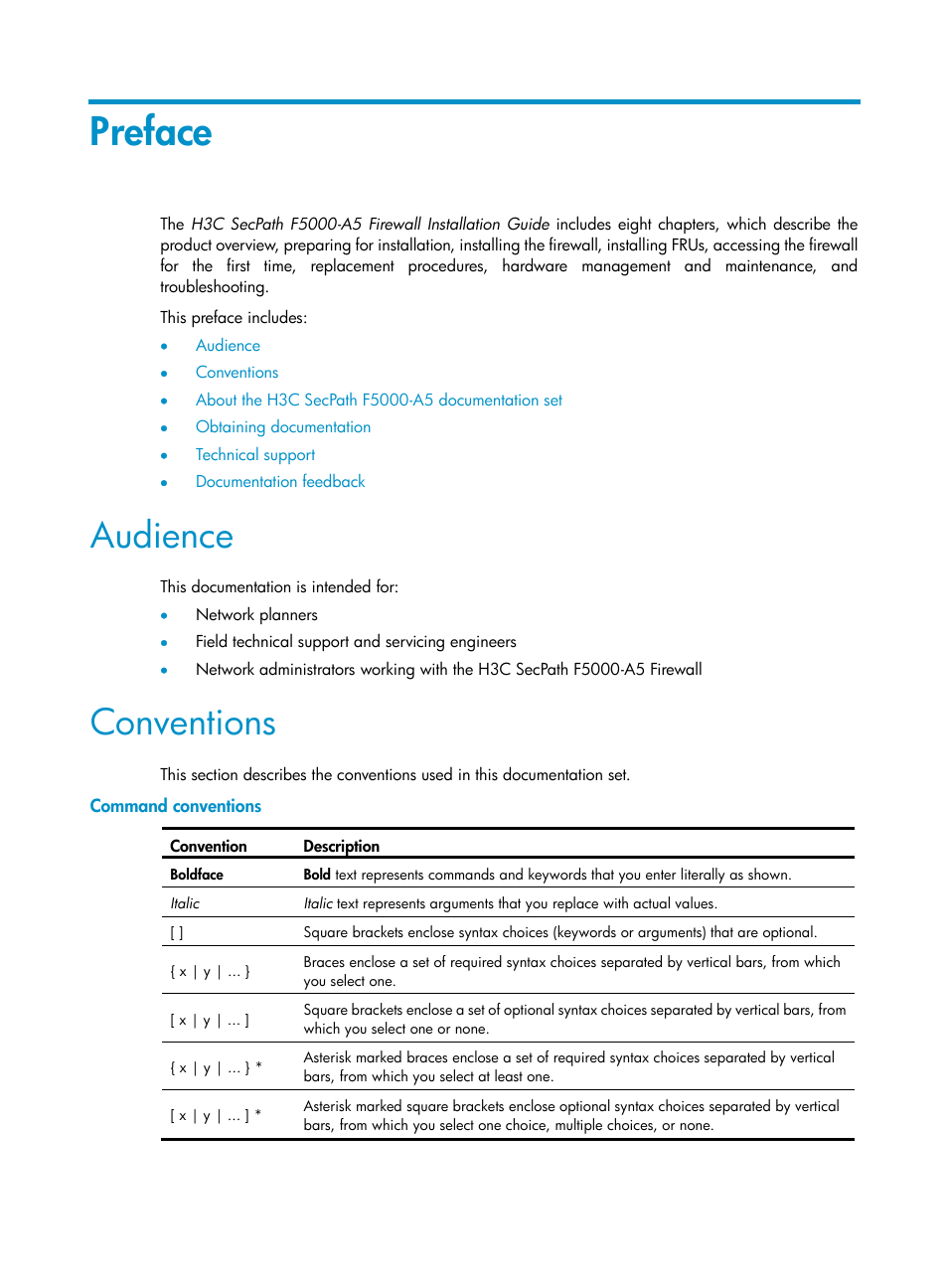 Preface, Audience, Conventions | Command conventions | H3C Technologies H3C SecPath F5000-A5 Firewall User Manual | Page 3 / 121