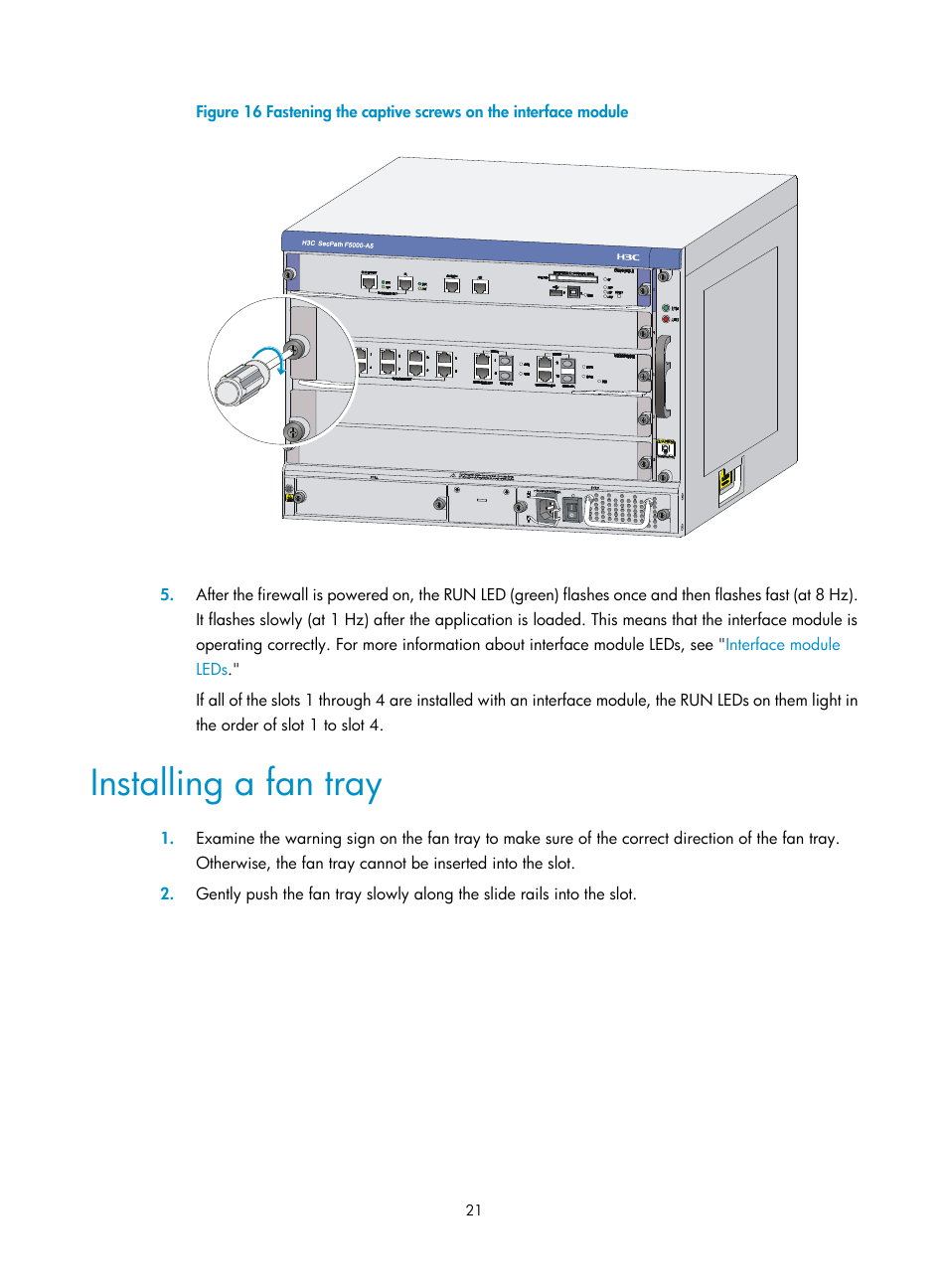 Installing a fan tray | H3C Technologies H3C SecPath F5000-A5 Firewall User Manual | Page 31 / 121