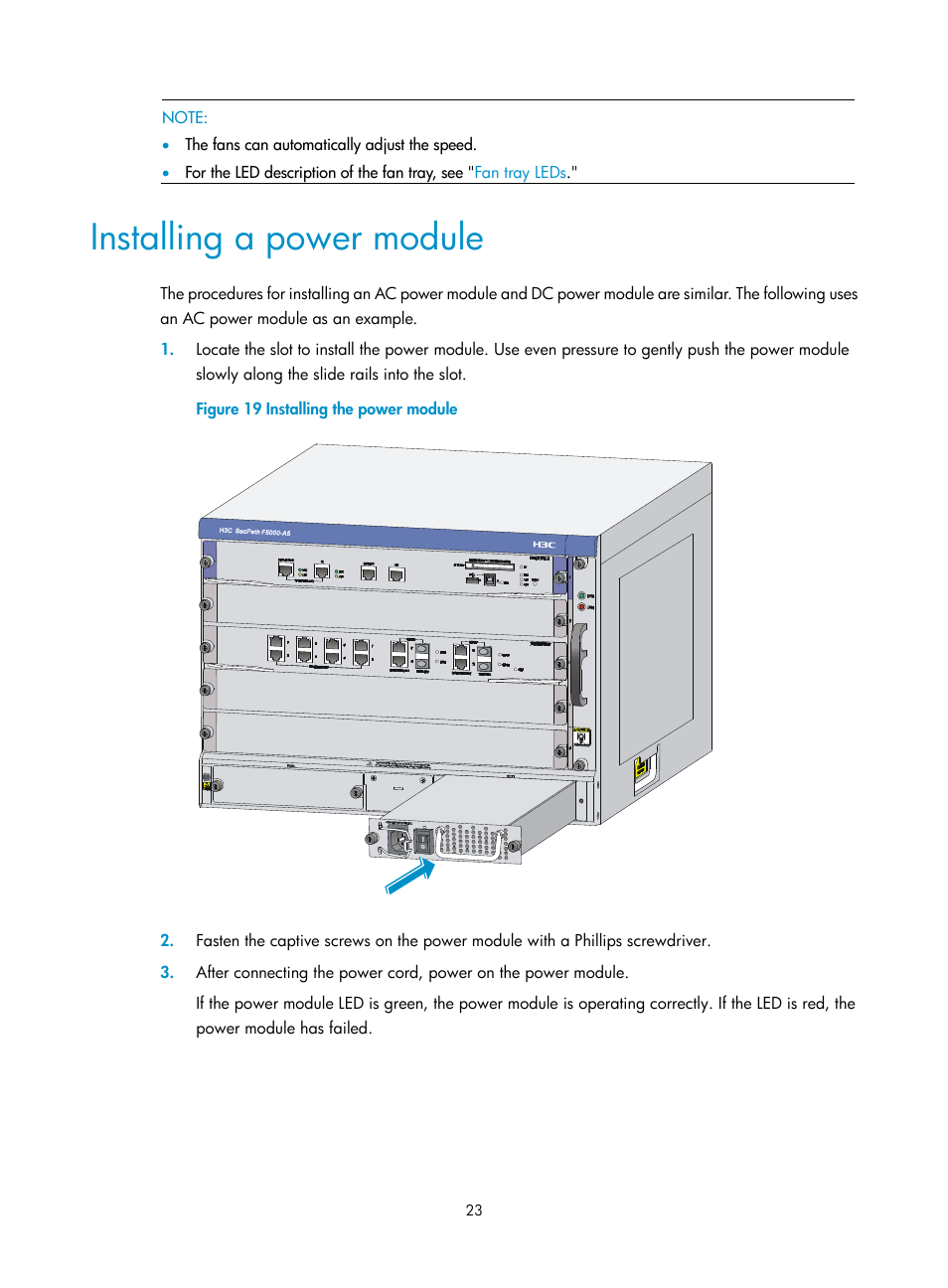 Installing a power module | H3C Technologies H3C SecPath F5000-A5 Firewall User Manual | Page 33 / 121