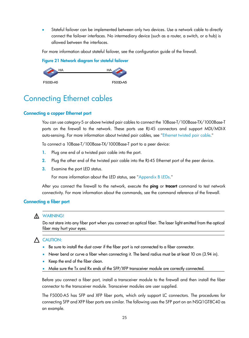 Connecting ethernet cables, Connecting a copper ethernet port, Connecting a fiber port | H3C Technologies H3C SecPath F5000-A5 Firewall User Manual | Page 35 / 121
