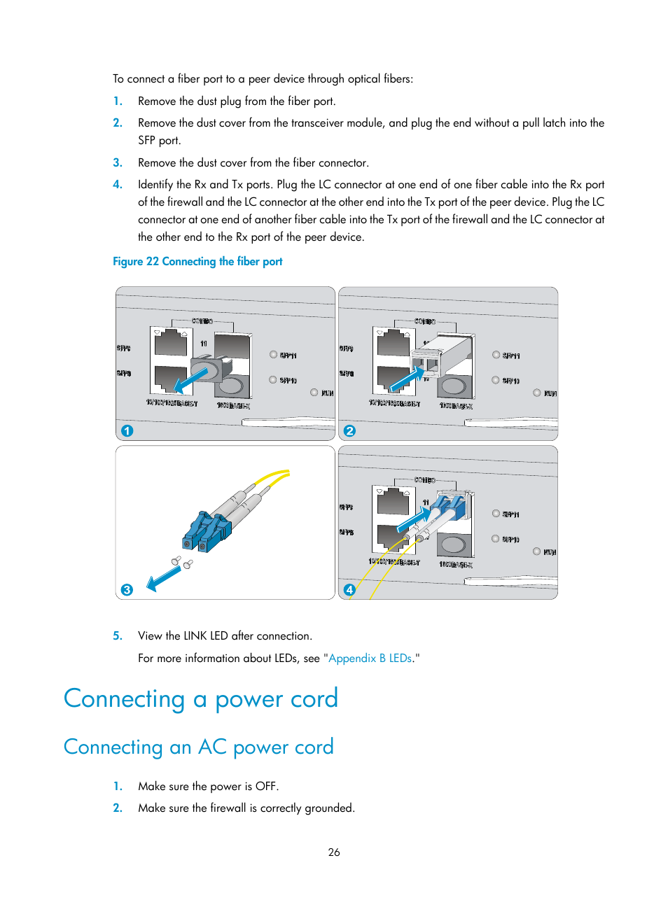 Connecting a power cord, Connecting an ac power cord | H3C Technologies H3C SecPath F5000-A5 Firewall User Manual | Page 36 / 121