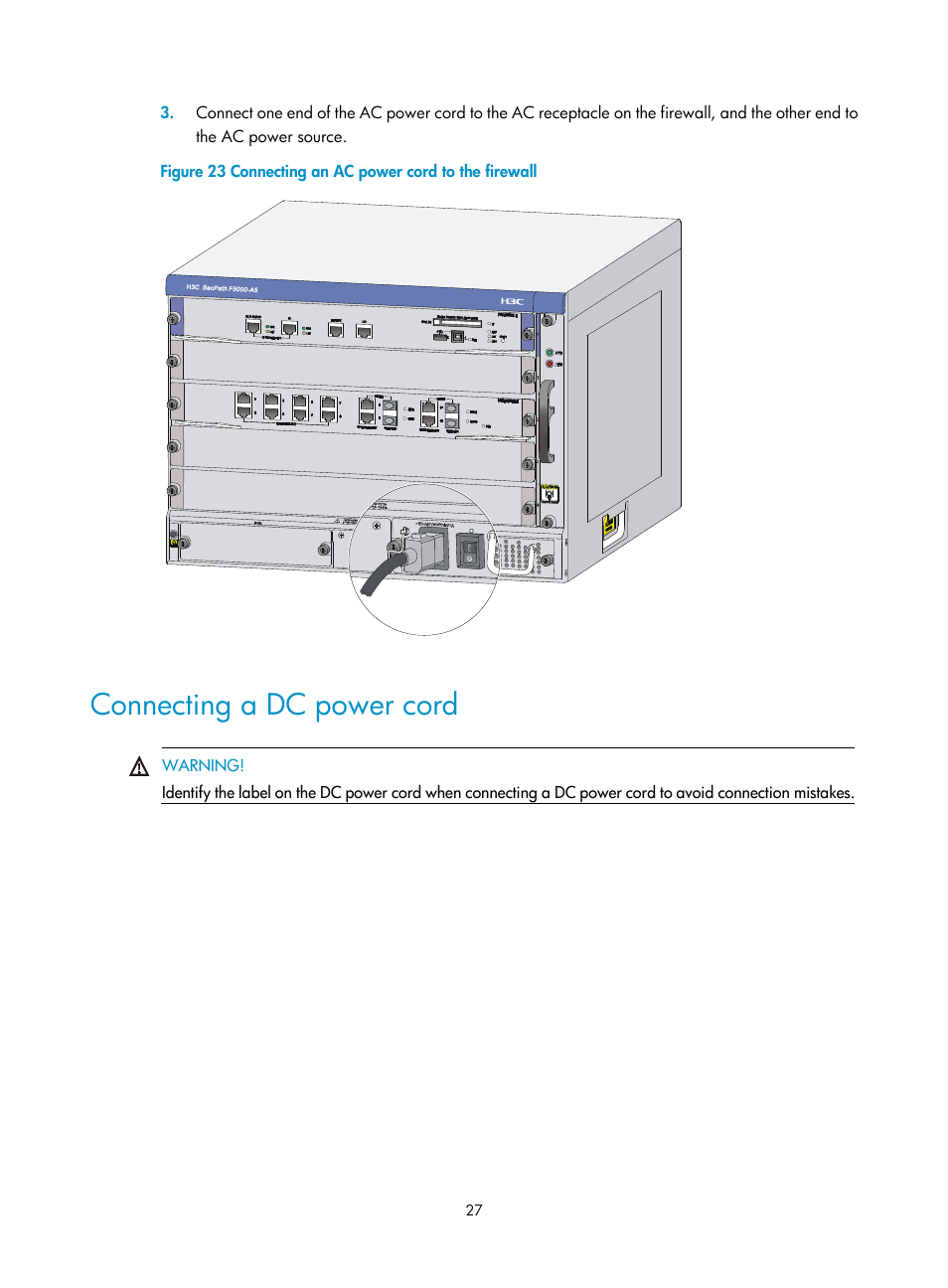 Connecting a dc power cord | H3C Technologies H3C SecPath F5000-A5 Firewall User Manual | Page 37 / 121