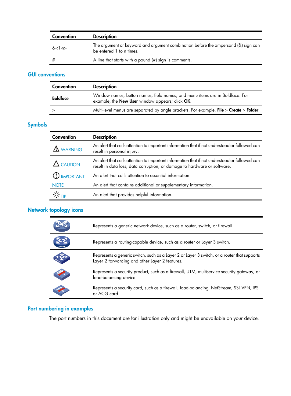 Gui conventions, Symbols, Network topology icons | Port numbering in examples | H3C Technologies H3C SecPath F5000-A5 Firewall User Manual | Page 4 / 121