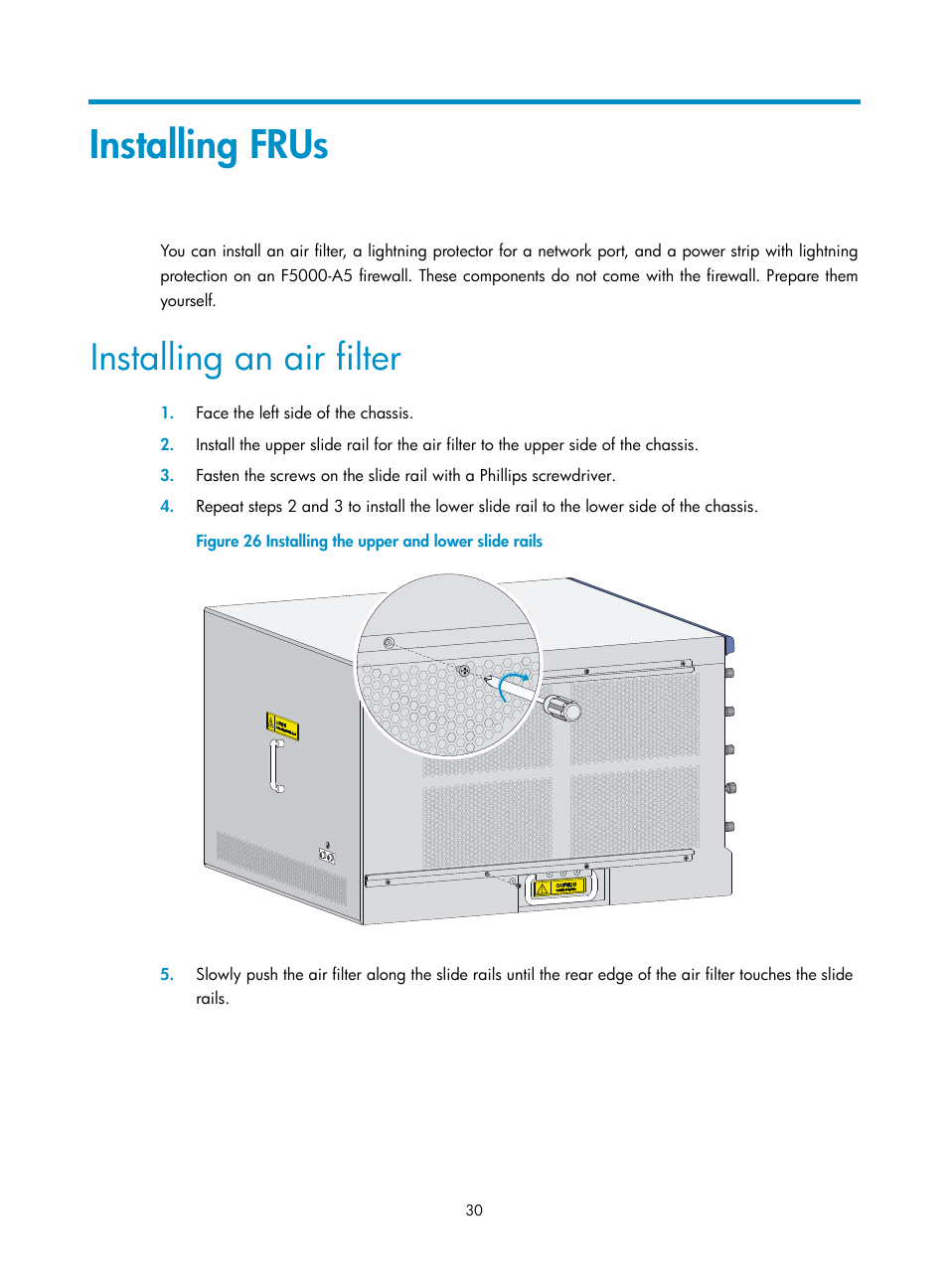 Installing frus, Installing an air filter | H3C Technologies H3C SecPath F5000-A5 Firewall User Manual | Page 40 / 121