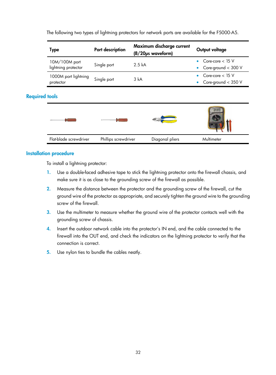 Required tools, Installation procedure | H3C Technologies H3C SecPath F5000-A5 Firewall User Manual | Page 42 / 121