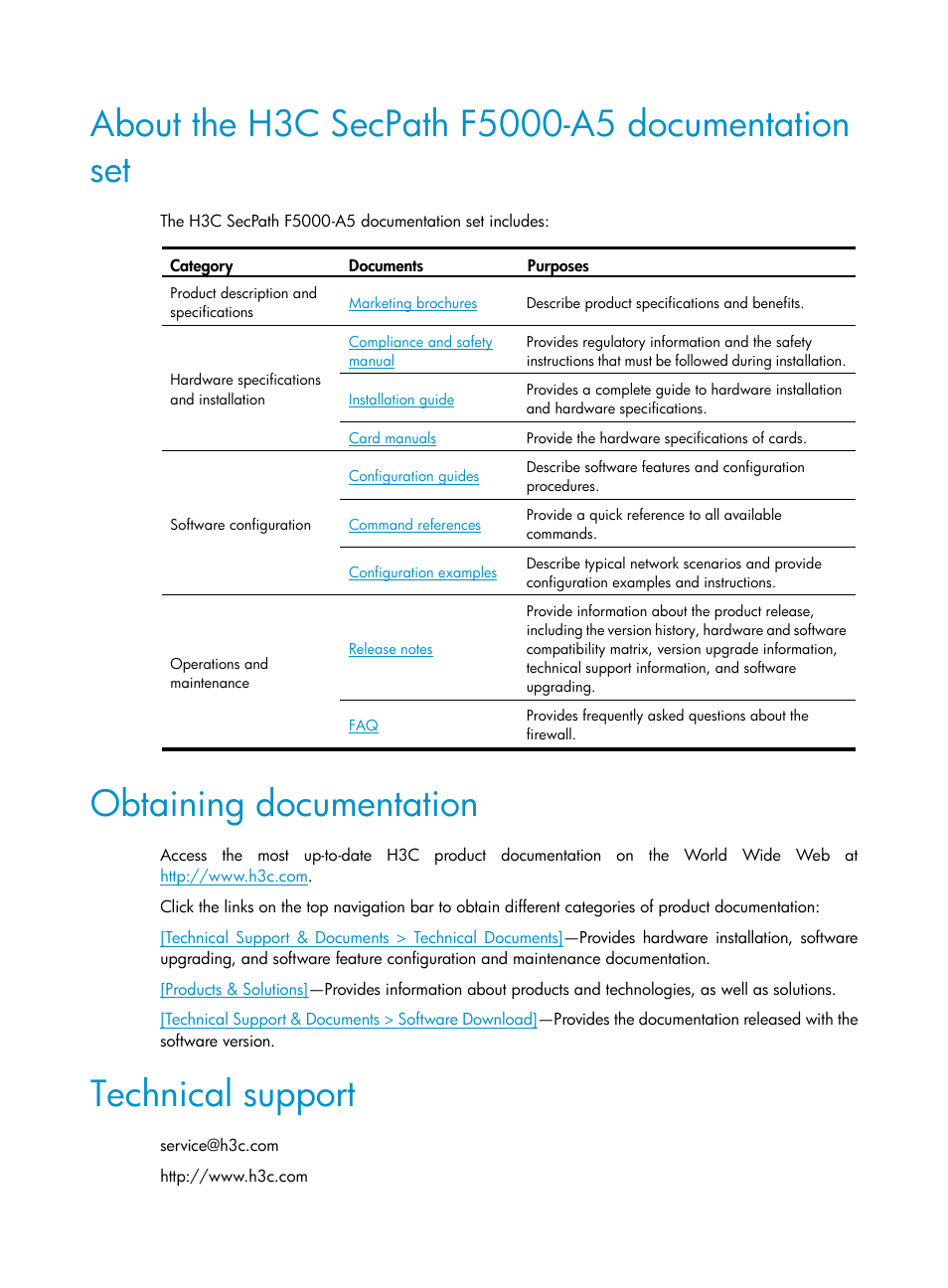 About the h3c secpath f5000-a5 documentation set, Obtaining documentation, Technical support | H3C Technologies H3C SecPath F5000-A5 Firewall User Manual | Page 5 / 121