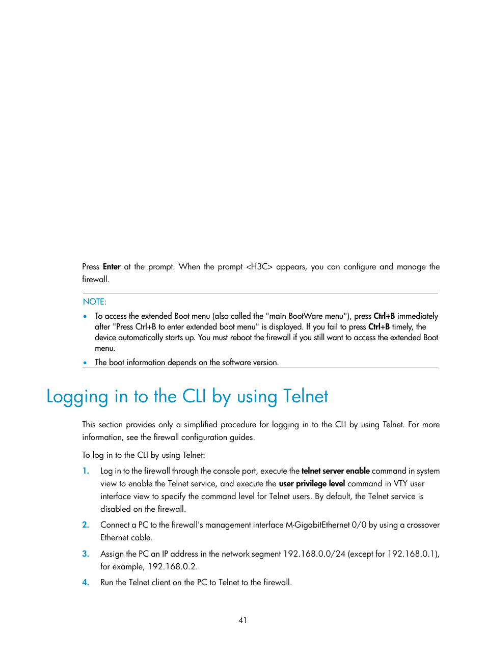 Logging in to the cli by using telnet | H3C Technologies H3C SecPath F5000-A5 Firewall User Manual | Page 51 / 121