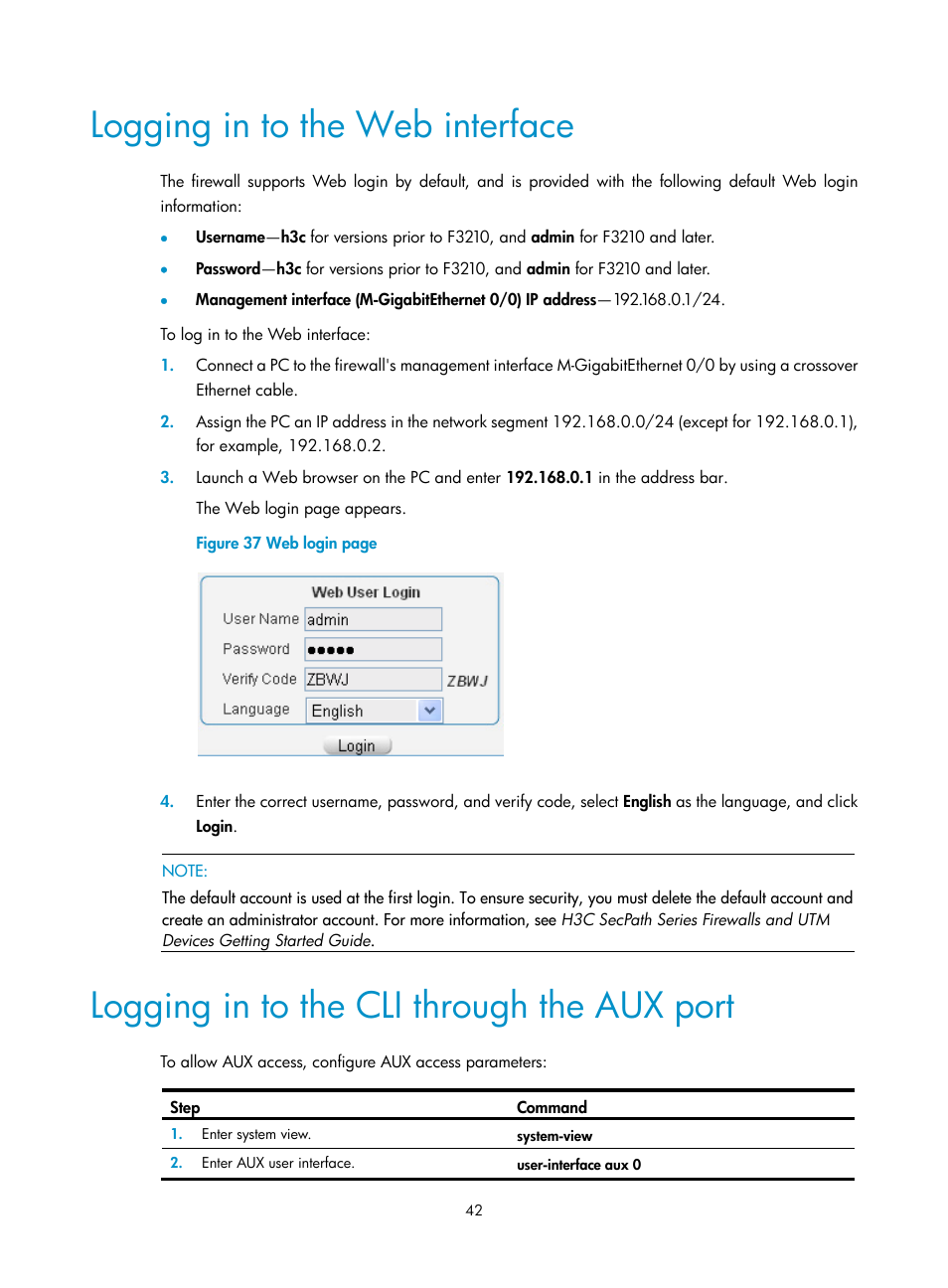 Logging in to the web interface, Logging in to the cli through the aux port | H3C Technologies H3C SecPath F5000-A5 Firewall User Manual | Page 52 / 121