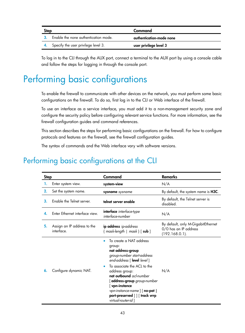 Performing basic configurations, Performing basic configurations at the cli | H3C Technologies H3C SecPath F5000-A5 Firewall User Manual | Page 53 / 121