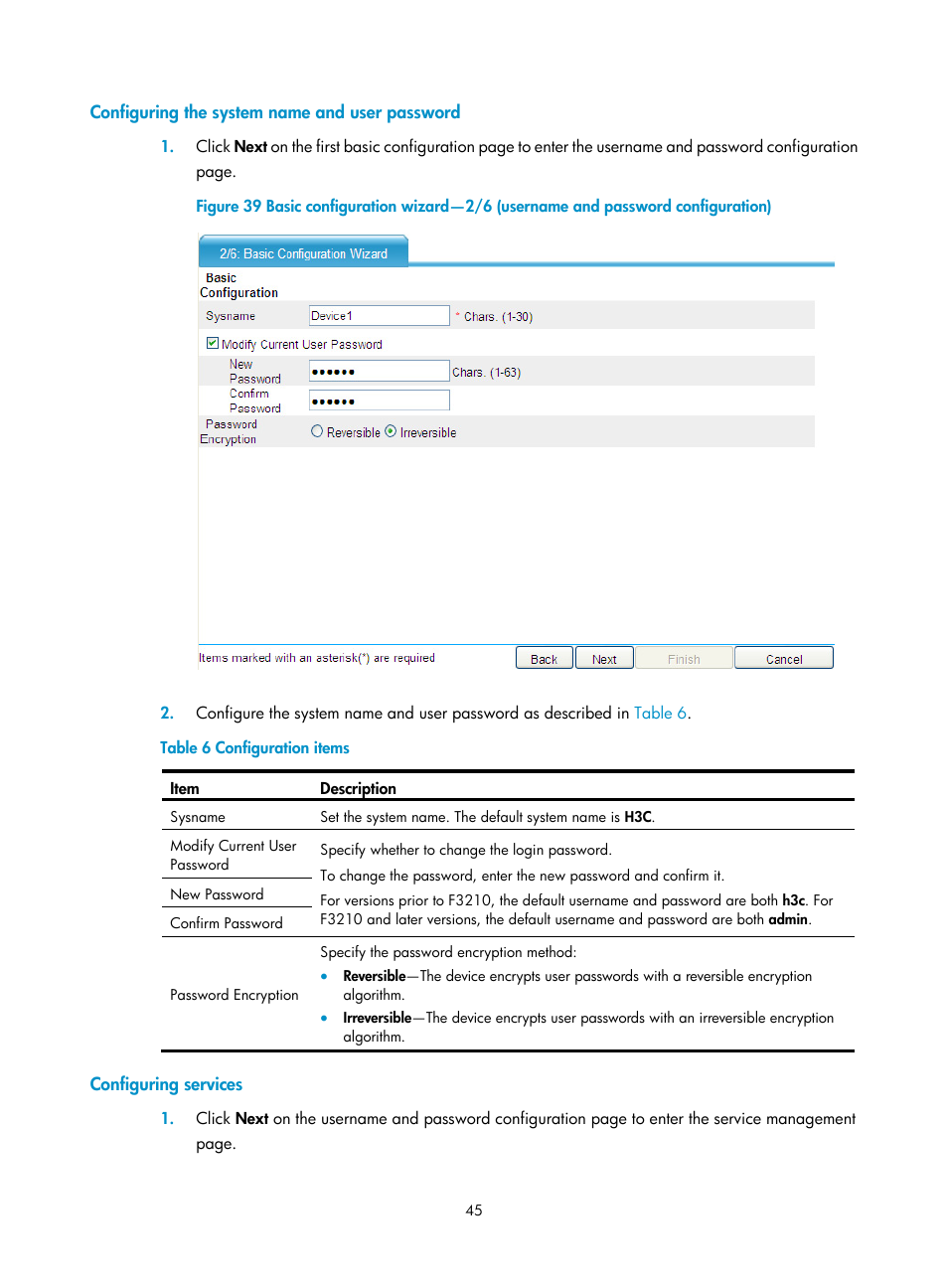 Configuring the system name and user password, Configuring services | H3C Technologies H3C SecPath F5000-A5 Firewall User Manual | Page 55 / 121