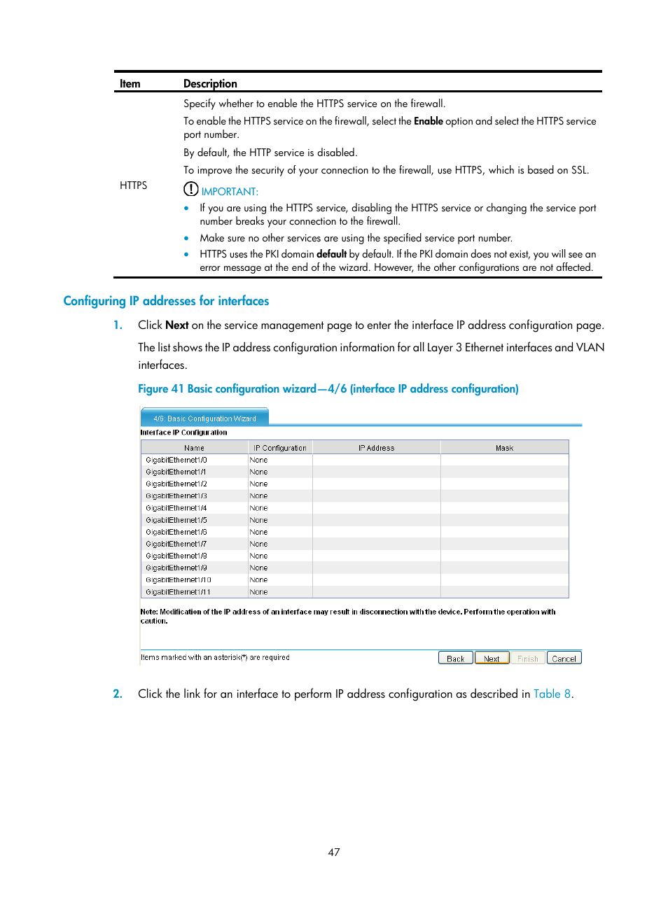 Configuring ip addresses for interfaces | H3C Technologies H3C SecPath F5000-A5 Firewall User Manual | Page 57 / 121