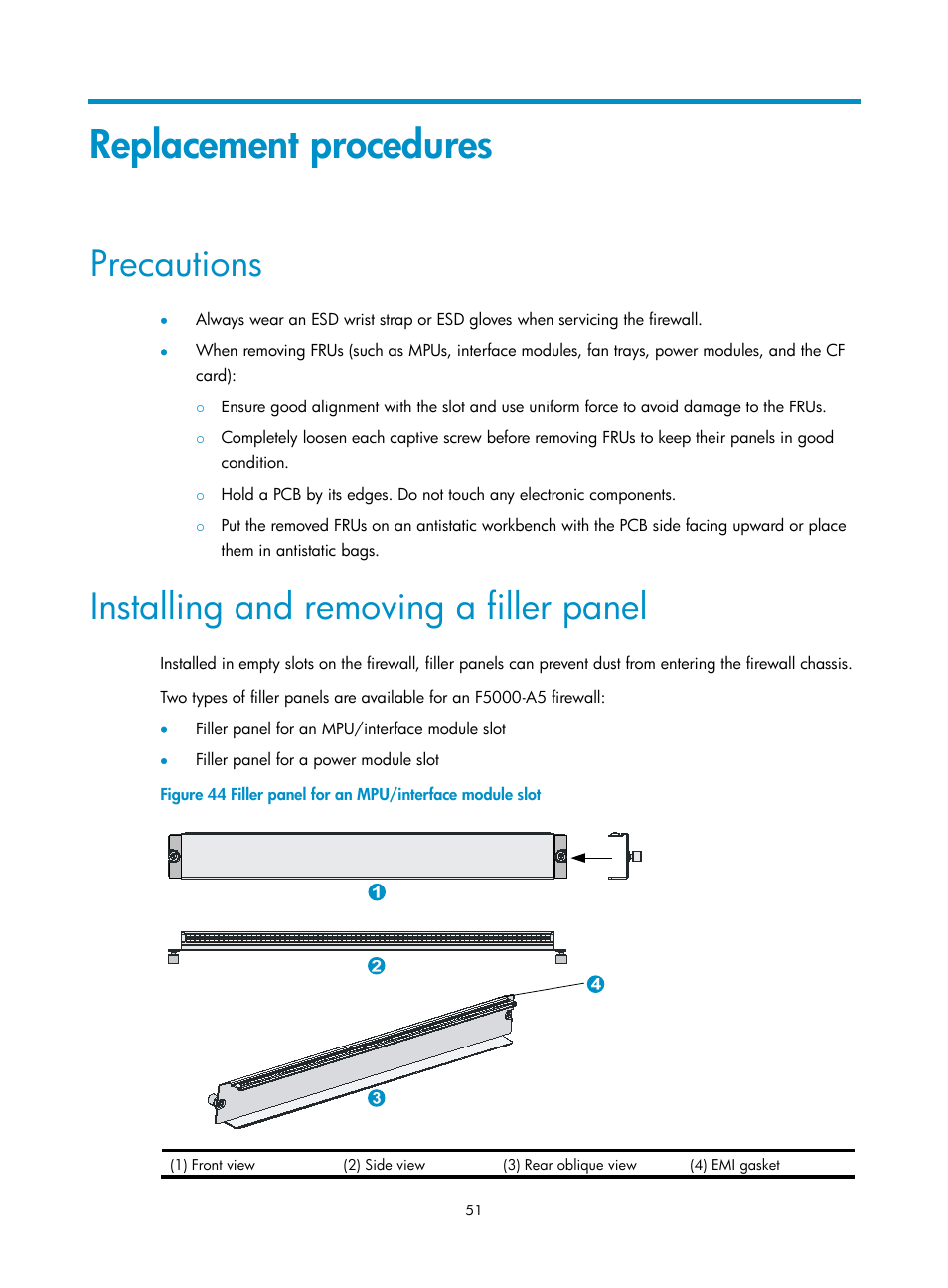 Replacement procedures, Precautions, Installing and removing a filler panel | H3C Technologies H3C SecPath F5000-A5 Firewall User Manual | Page 61 / 121