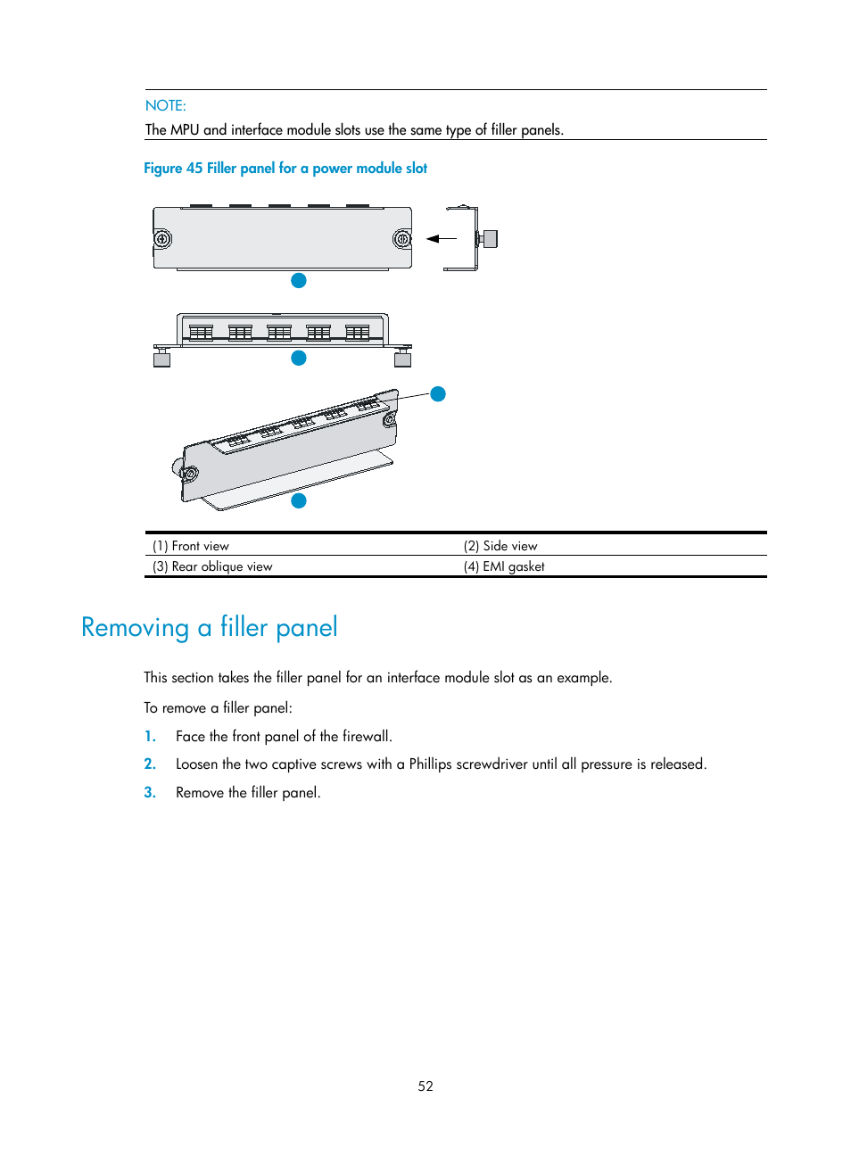 Removing a filler panel | H3C Technologies H3C SecPath F5000-A5 Firewall User Manual | Page 62 / 121