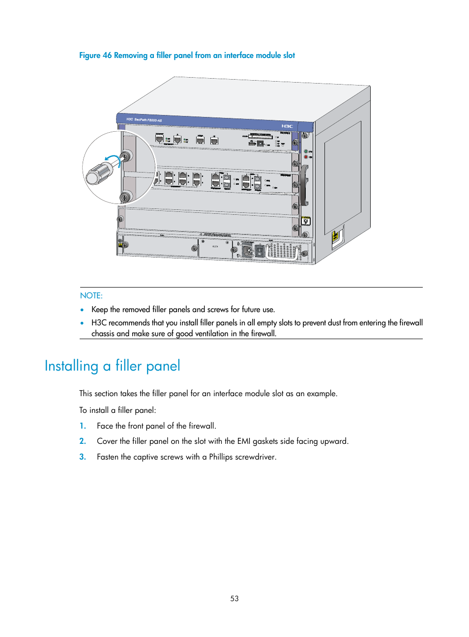 Installing a filler panel | H3C Technologies H3C SecPath F5000-A5 Firewall User Manual | Page 63 / 121