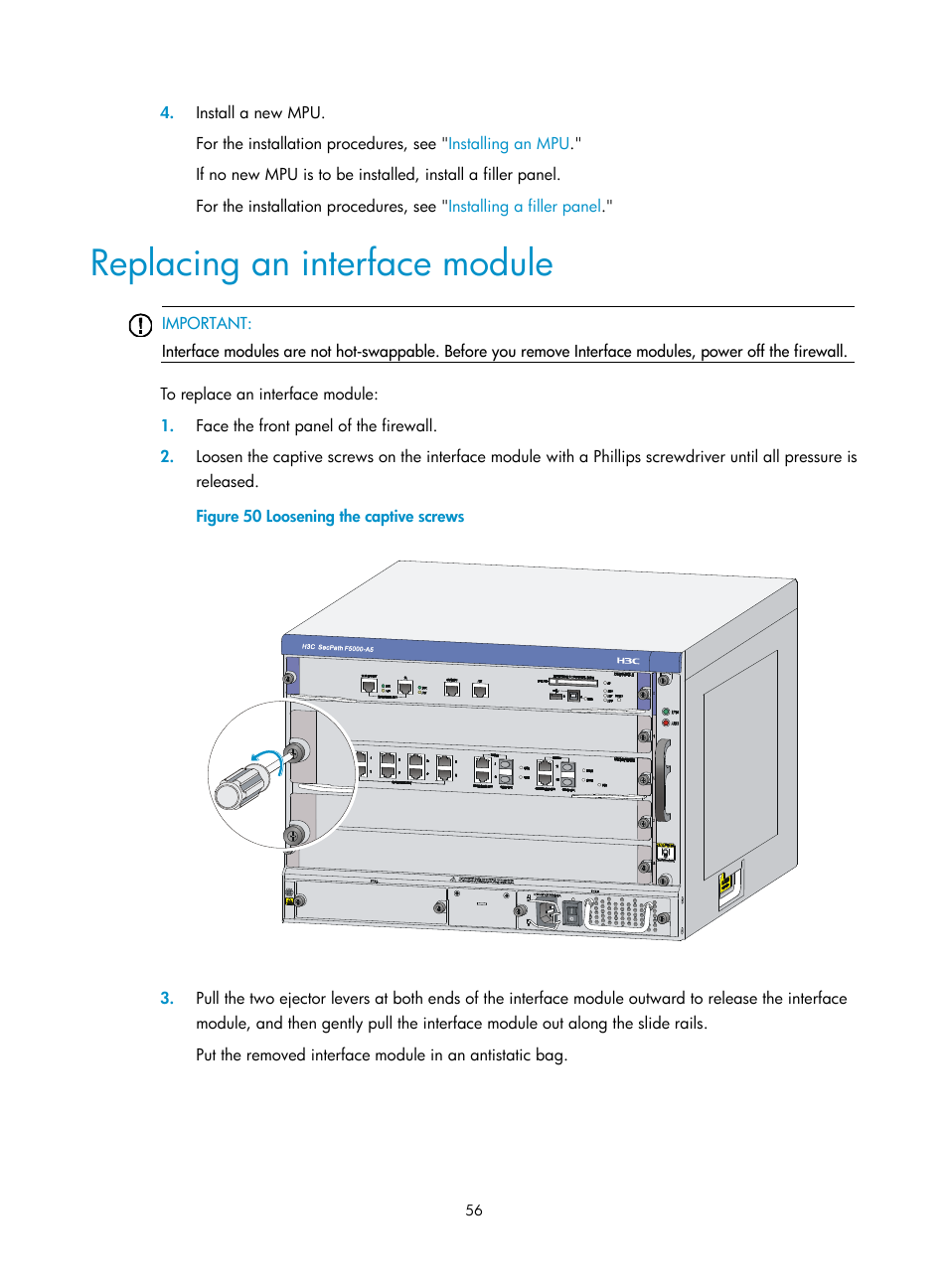 Replacing an interface module | H3C Technologies H3C SecPath F5000-A5 Firewall User Manual | Page 66 / 121