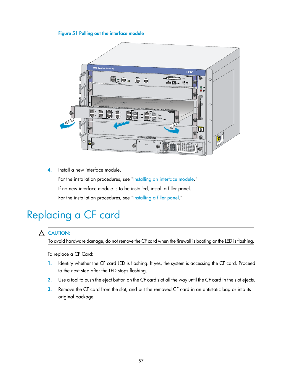 Replacing a cf card | H3C Technologies H3C SecPath F5000-A5 Firewall User Manual | Page 67 / 121