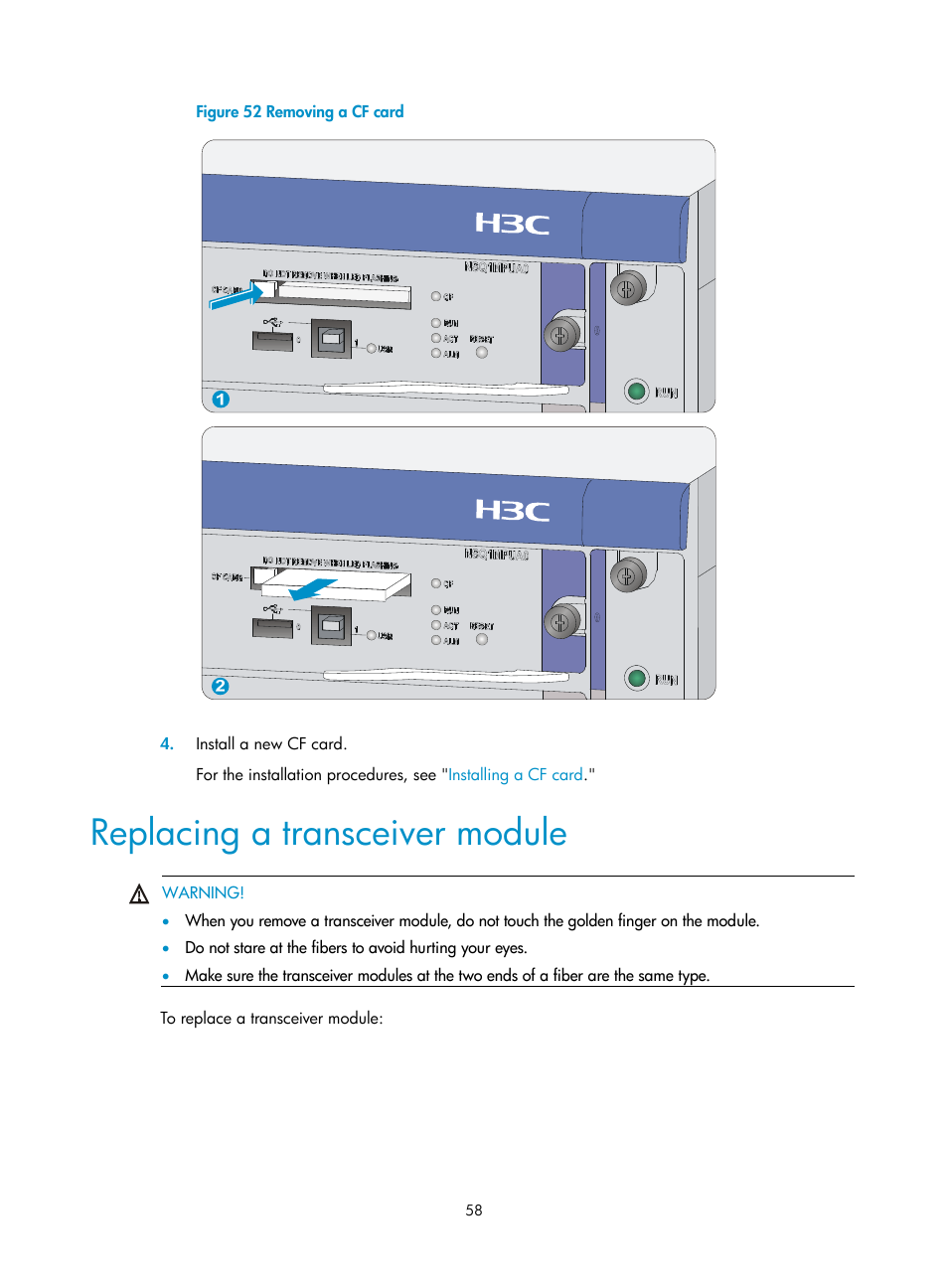 Replacing a transceiver module | H3C Technologies H3C SecPath F5000-A5 Firewall User Manual | Page 68 / 121