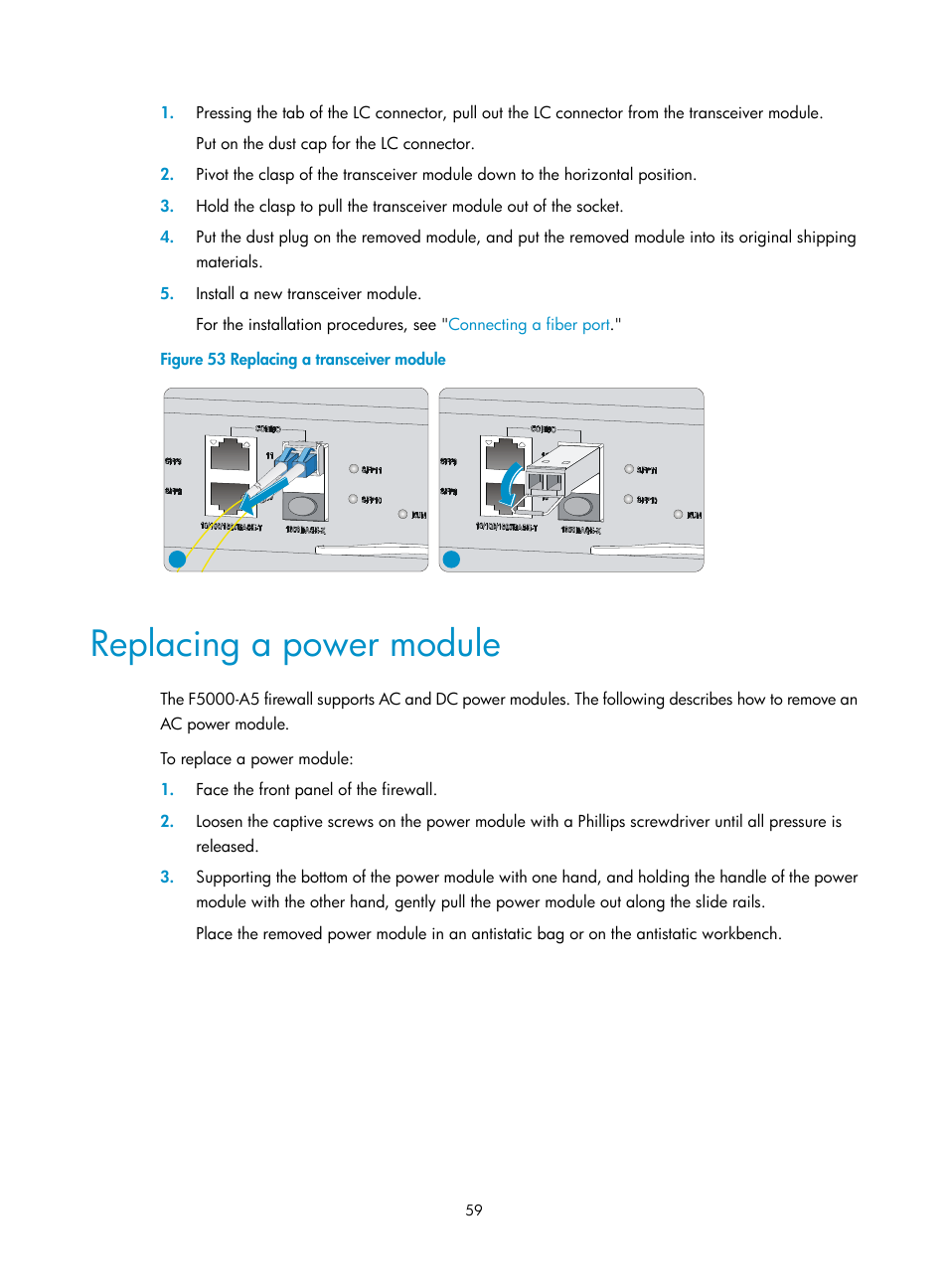 Replacing a power module | H3C Technologies H3C SecPath F5000-A5 Firewall User Manual | Page 69 / 121