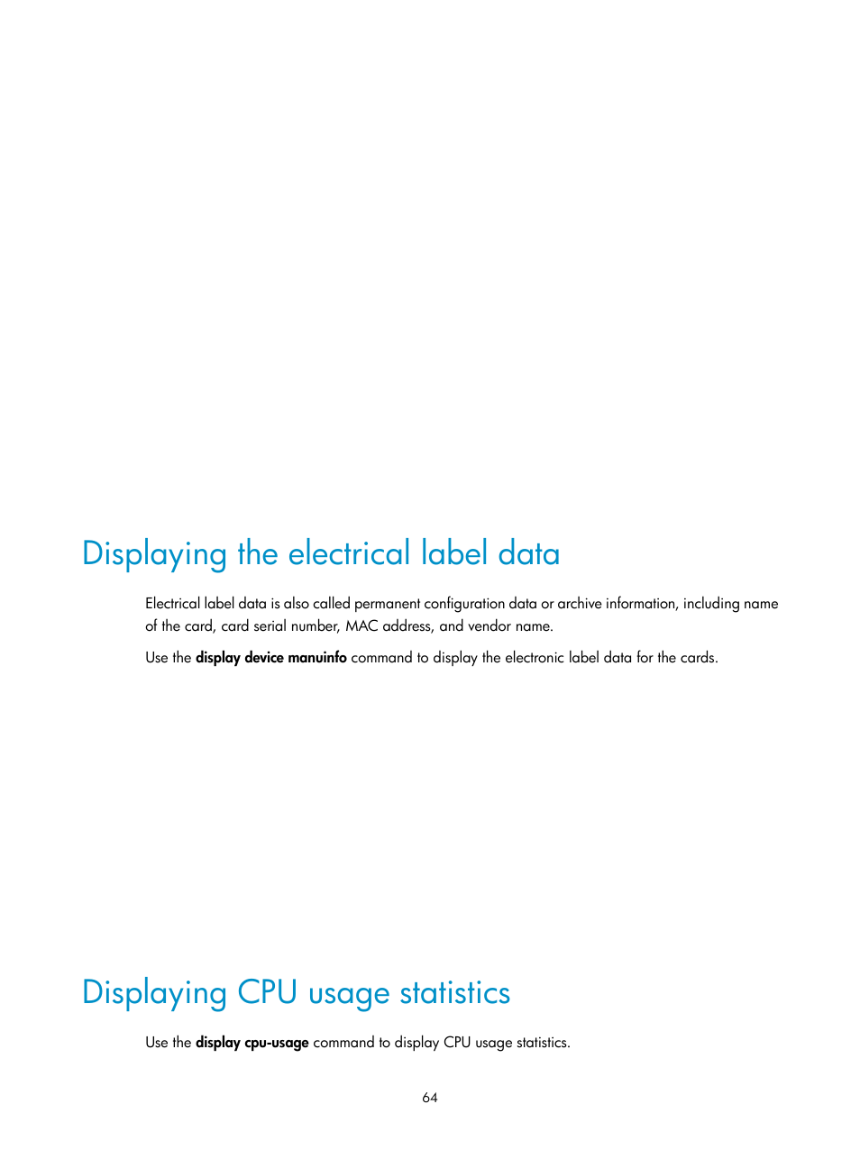 Displaying the electrical label data, Displaying cpu usage statistics | H3C Technologies H3C SecPath F5000-A5 Firewall User Manual | Page 74 / 121