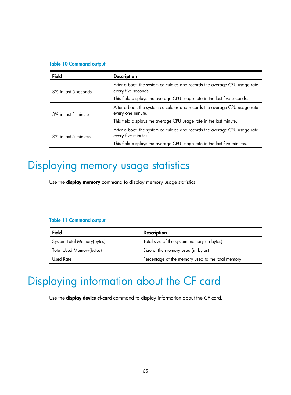 Displaying memory usage statistics, Displaying information about the cf card | H3C Technologies H3C SecPath F5000-A5 Firewall User Manual | Page 75 / 121